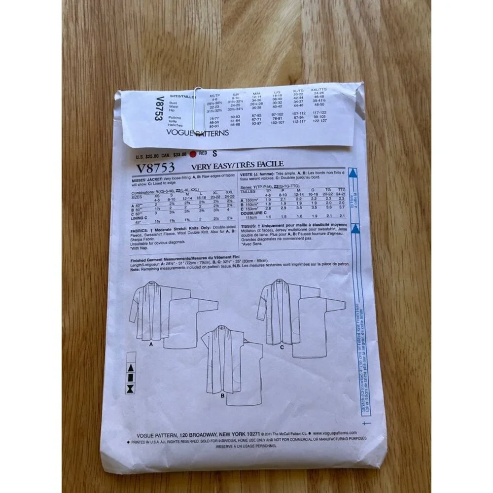 Vogue # V8753 Jacket Sewing Pattern Sizes lRG - XXL SKU 0259 UNCUT